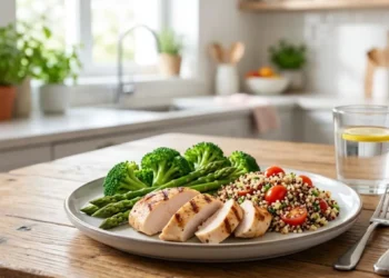 Carne magra e alimentazione sana per eliminare il grasso addominale Piatto sano con petto di pollo grigliato, broccoli, asparagi e quinoa per la dieta contro le maniglie dell'amore.