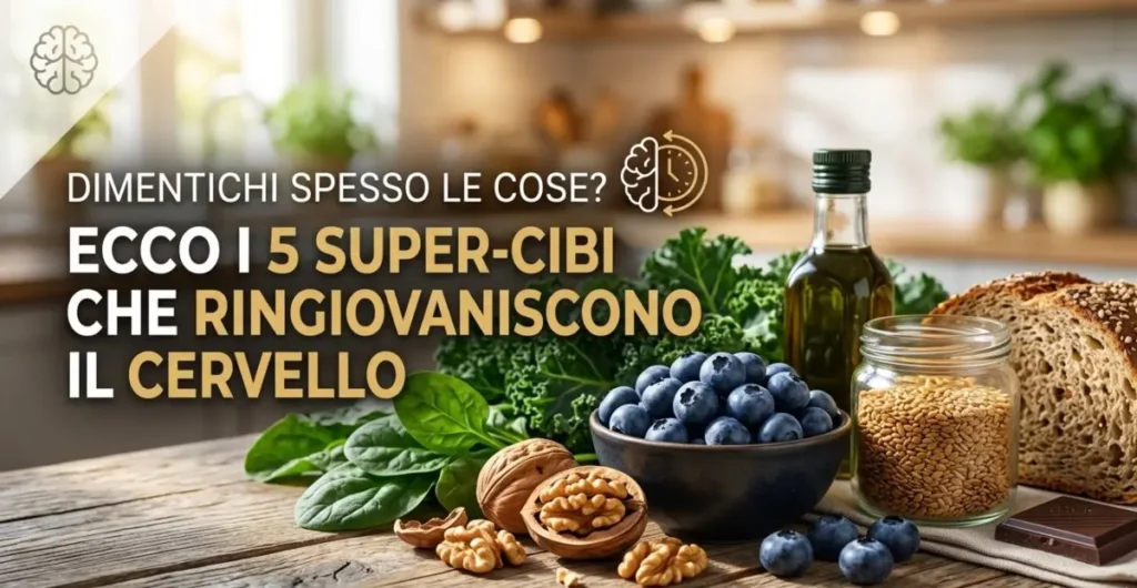 Composizione di super-cibi per proteggere il cervello: mirtilli, noci, verdure a foglia verde e cioccolato fondente su un tavolo in legno.