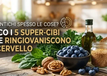 Composizione di super-cibi per proteggere il cervello: mirtilli, noci, verdure a foglia verde e cioccolato fondente su un tavolo in legno.
