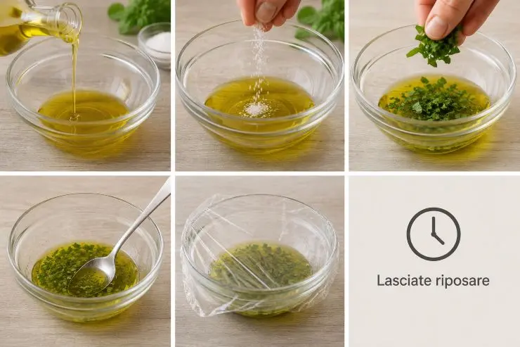 In una ciotola versate tre-quattro cucchiai di olio extravergine di oliva, due pizzichi di sale e due-tre foglie di basilico tritate grossolanamente. Mescolate il tutto, coprite con della pellicola da cucina e lasciate riposare.