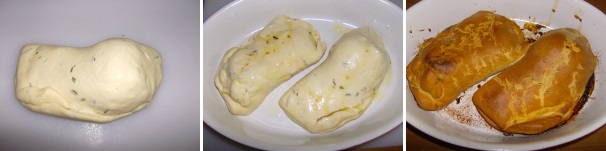 Chiudete il fagotto, procedete allo stesso modo con tutti gli altri, disponeteli in una teglia facendo ben attenzione a distanziarli sufficientemente l’uno dall’altro in modo tale da dare spazio alla lievitazione di cottura della crosta di pane. Bucate ogni fagotto in modo che in cottura fuoriesca il vapore e spennelateli con del latte ed un filo d’olio. Cuocete in forno preriscaldato statico ad una temperatura costante di 200 °C per 45 minuti circa. Una volta pronti serviteli ancora caldi.