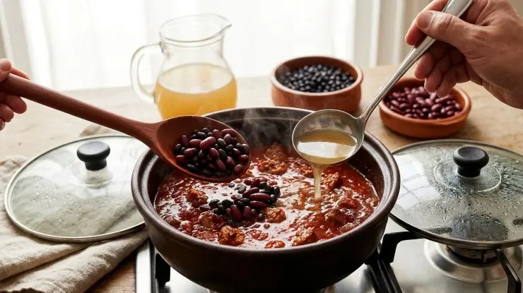 Aggiungete la passata di pomodoro e fate cuocere cinque minuti a fuoco medio coprendo la pentola con un coperchio. Aggiungete un mestolo di brodo caldo e entrambe le varietà di fagioli. Continuate la cottura per circa venti minuti, eventualmente aggiungendo altro brodo qualora il fondo di cottura dovesse asciugarsi troppo. Pochi minuti prima del termine della cottura aggiustate di sale.