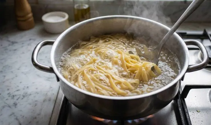 Nel frattempo fate cuocere le fettuccelle in acqua abbondante salata e scolatele al dente. Distribuitele nei piatti da portata e condite con il sugo. Guarnite con i moscardini e le canocchie e servite subito in tavola.