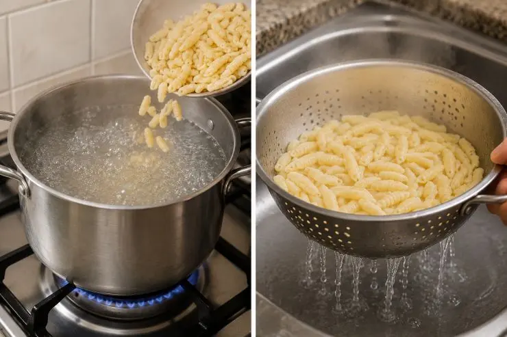 Mettete sul fuoco una pentola colma di acqua. Quando inizia a bollire cuocete i malloreddus e scolateli al dente.