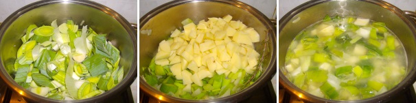 Quando la cipolla sarà ben dorata, aggiungete i porri, fateli lievemente appassire ed infine aggiungete le patate a dadini.