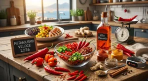 Guida 2026: Accelerare il Metabolismo con Peperoncino e Spezie. Una composizione culinaria su un tavolo di legno a Napoli con peperoncini rossi e verdi freschi, spezie, olio piccante fatto in casa, e una piccola lavagna con scritto 'Metabolismo Veloce 2026' accanto a uno smartwatch.