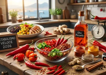 Una composizione culinaria su un tavolo di legno a Napoli con peperoncini rossi e verdi freschi, spezie, olio piccante fatto in casa, e una piccola lavagna con scritto 'Metabolismo Veloce 2026' accanto a uno smartwatch.
