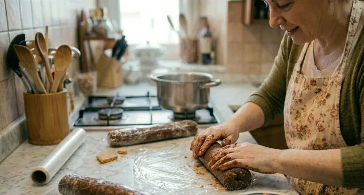 Una volta amalgamati bene tutti gli ingredienti, versate il composto su un foglio di carta forno avendo cura di dargli una forma allungata, simile a quella di un salame. Avvolgetelo nella pellicola come se fosse una sorta di caramella, arrotolate le due estremità e fatelo riposare in frigorifero per almeno due ore. Trascorso tale intervallo di tempo, tiratelo fuori dal frigo e tagliatelo a fette spesse circa un centimetro.