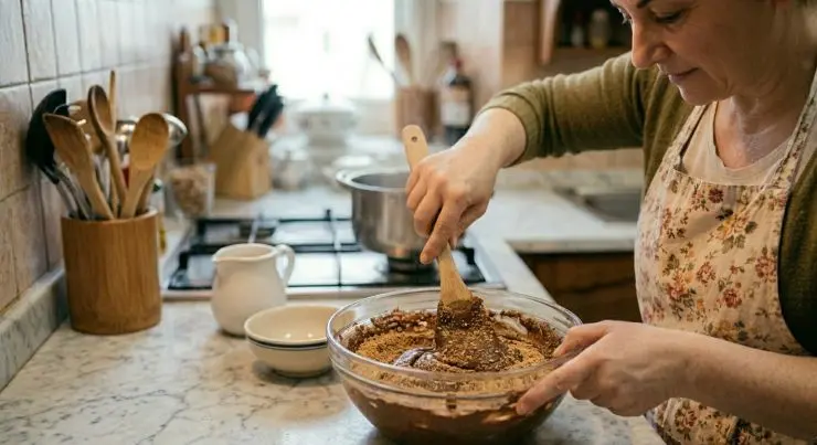 Sbriciolate in modo grossolano i biscotti secchi e aggiungeteli al composto, aggiungete poi anche il liquore e il cioccolato fuso. Mescolate bene il tutto, aiutandovi prima con un cucchiaio di legno e poi con le mani.
