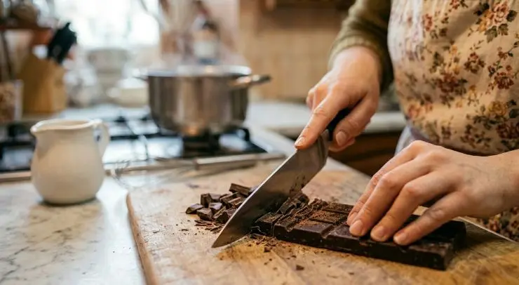 Tagliate a pezzetti il cioccolato fondente e fatelo sciogliere a bagnomaria.