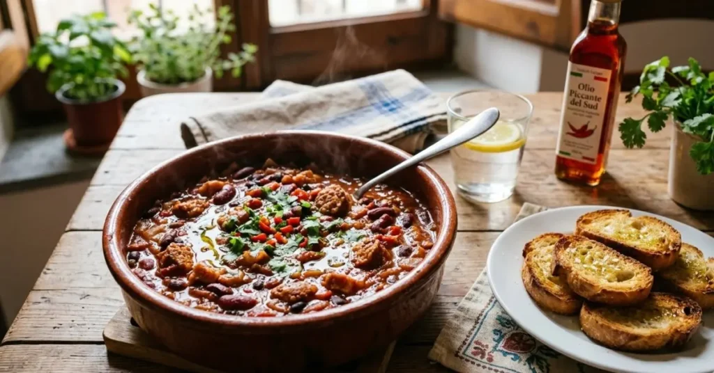 Inquadratura ravvicinata e dall'alto di un piatto rustico di fagioli alla messicana, denso e cremoso con salsiccia e peperoncino, accompagnato da crostini di pane tostato dorato e una guarnizione di coriandolo fresco.