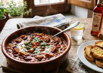 Inquadratura ravvicinata e dall'alto di un piatto rustico di fagioli alla messicana, denso e cremoso con salsiccia e peperoncino, accompagnato da crostini di pane tostato dorato e una guarnizione di coriandolo fresco.