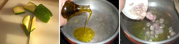 Tagliate a scaglie sottili metà zucchina lavata ed asciugata. Versate l’olio extravergine di oliva in una casseruola ed unite subito le rondelle di scalogno.