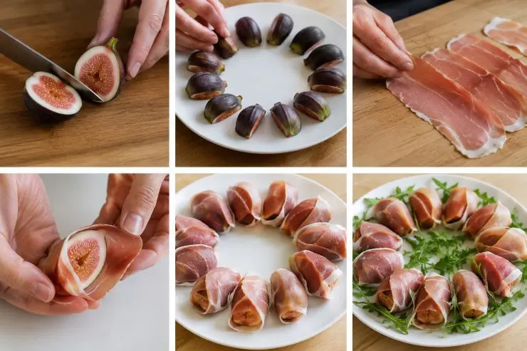 Dividete a metà ciascun fico e poneteli su un piatto da portata facendo poggiare sul piatto il lato esterno del frutto. Prendete il prosciutto crudo e avvolgete con una fetta ciascuna metà, facendo in modo che le due estremità della fetta siano sulla parte superiore, quindi sul lato interno del frutto. Decorate il piatto con delle foglie di rucola sparse e servite subito.