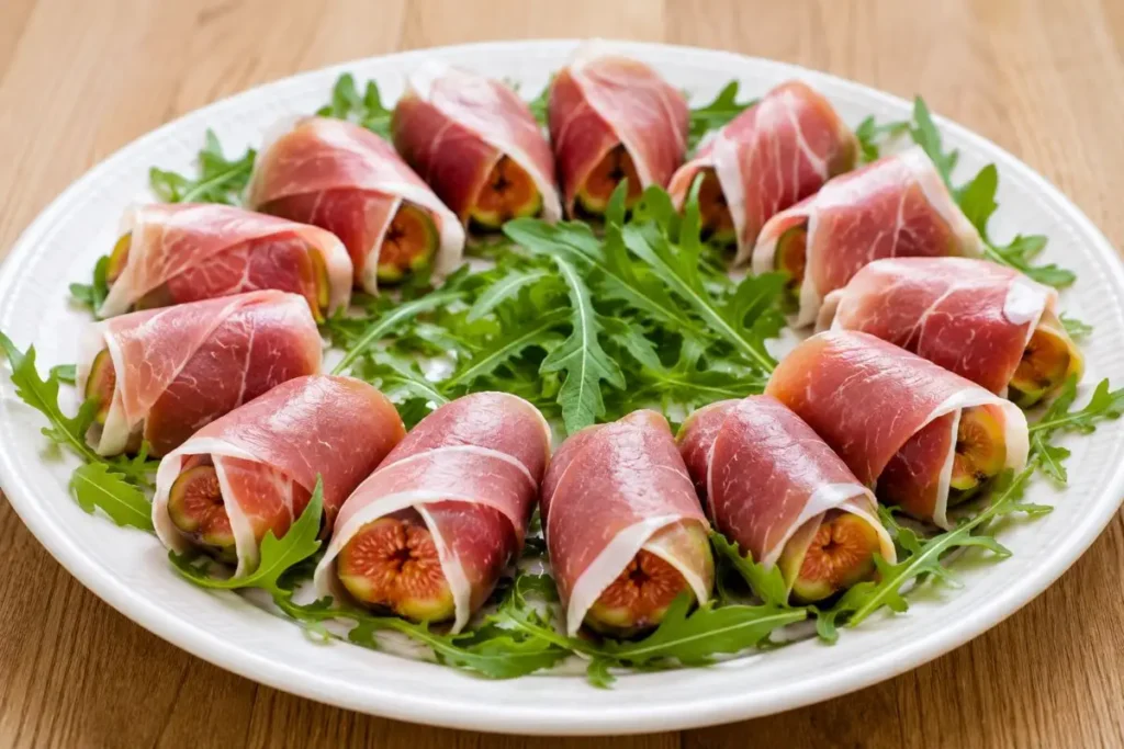 Fichi avvolti nel prosciutto crudo con rucola – antipasto pronto Piatto pronto da servire con fichi freschi avvolti nel prosciutto crudo e decorati con rucola fresca.