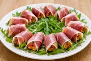 Piatto pronto da servire con fichi freschi avvolti nel prosciutto crudo e decorati con rucola fresca.