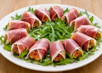 Piatto pronto da servire con fichi freschi avvolti nel prosciutto crudo e decorati con rucola fresca.