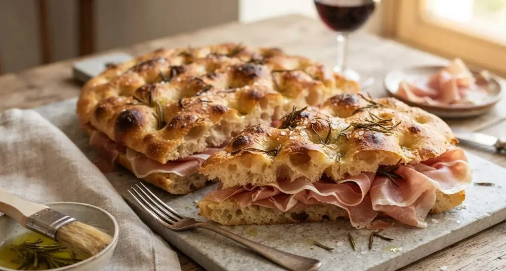 Focaccia al rosmarino farcita con prosciutto crudo Focaccia al rosmarino soffice appena sfornata e farcita con fette di prosciutto crudo su tagliere di pietra