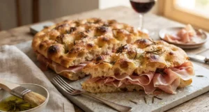 Focaccia al rosmarino soffice appena sfornata e farcita con fette di prosciutto crudo su tagliere di pietra