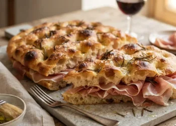 Focaccia al rosmarino soffice appena sfornata e farcita con fette di prosciutto crudo su tagliere di pietra