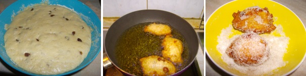 Una volta completata la lievitazione, il vostro impasto risulterà molto gonfio ma cremoso, quindi potete iniziare a friggere le frittelle. In una pentolina dai bordi alti, fate scaldare a temperatura molto alta l’olio, tenendo il fuoco a fiamma costante ma non troppo viva. Con l’aiuto di un cucchiaio, prendete un po’ d’impasto e versatelo nell’olio, cuocete le frittelle fino a che non saranno bene dorate, a questo punto scolatele dall’olio in eccesso con l’ausilio di una schiumarola e passatele nel restante zucchero a cui avrete amalgamato la cannella.
 