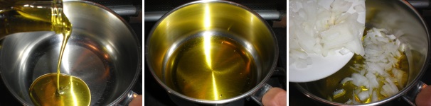 Riportate ad ebollizione l’acqua di cottura della verdura che avrete conservato. Nel frattempo versate l’olio extravergine di oliva in un pentolino ed unite subito le fettine di cipolla.