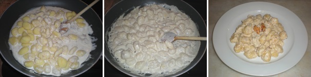 Mescolate bene ed in continuazione per un paio di minuti finchè gli gnocchi non si sono incorporati perfettamente alla panna. Quindi spegnete il fuoco, distribuite nei piatti da portata e servite subito in tavola.