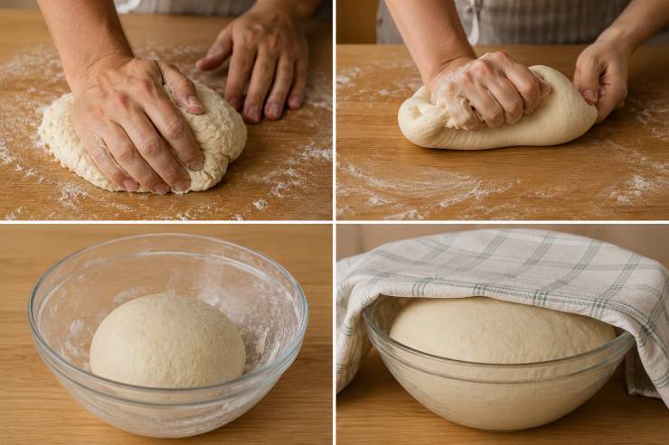 Trasferite l’impasto su una spianatoia e lavoratelo a lungo in modo tale da ottenere un composto omogeneo ed elastico. E’ necessario utilizzare il palmo della mano e sbattere ripetutamente l’impasto sulla spianatoia. Dopo aver terminato trasferite l’impasto in una ciotola pulita, abbastanza capiente e leggermente infarinata. Coprite con un canovaccio e fate lievitare per circa un’ora in un luogo caldo.