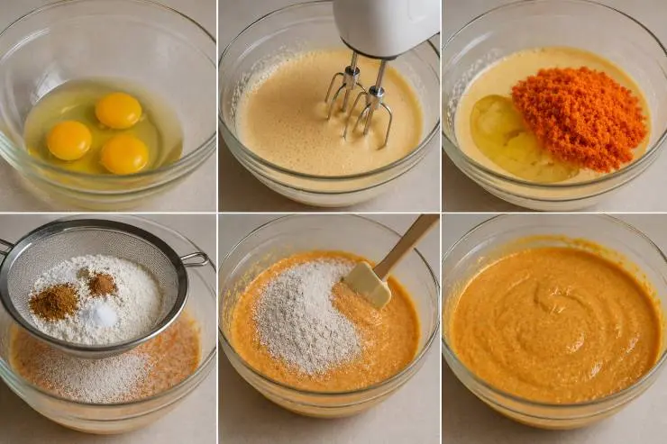 In una ciotola capiente versate le uova, unite lo zucchero e montate bene il tutto. Aggiungete l’olio di semi e il composto di carote e mandorle, mescolate bene e a poco a poco aggiungete il composto di farina e spezie, avendo cura di setacciare bene il tutto. Mescolate accuratamente fino ad ottenere un composto liscio ed omogeneo.