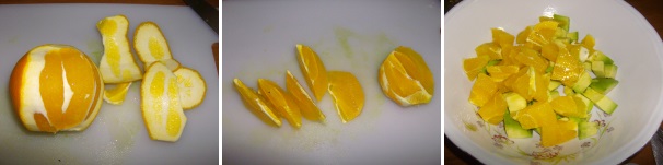 Pelate le arance, ricavatene degli spicchi e fatene dei dadini della stessa misura di quelli dell’avocado. Fate lo stesso con i cipollotti ed unite tutti gli ingredienti nella stessa terrina.