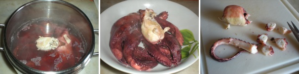 Sfiatate la pentola, togliete il coperchio, estraete il polpo e mettetelo in una terrina. Tagliate la testa e i tentacoli e poi affettate tutto a piccoli pezzi.