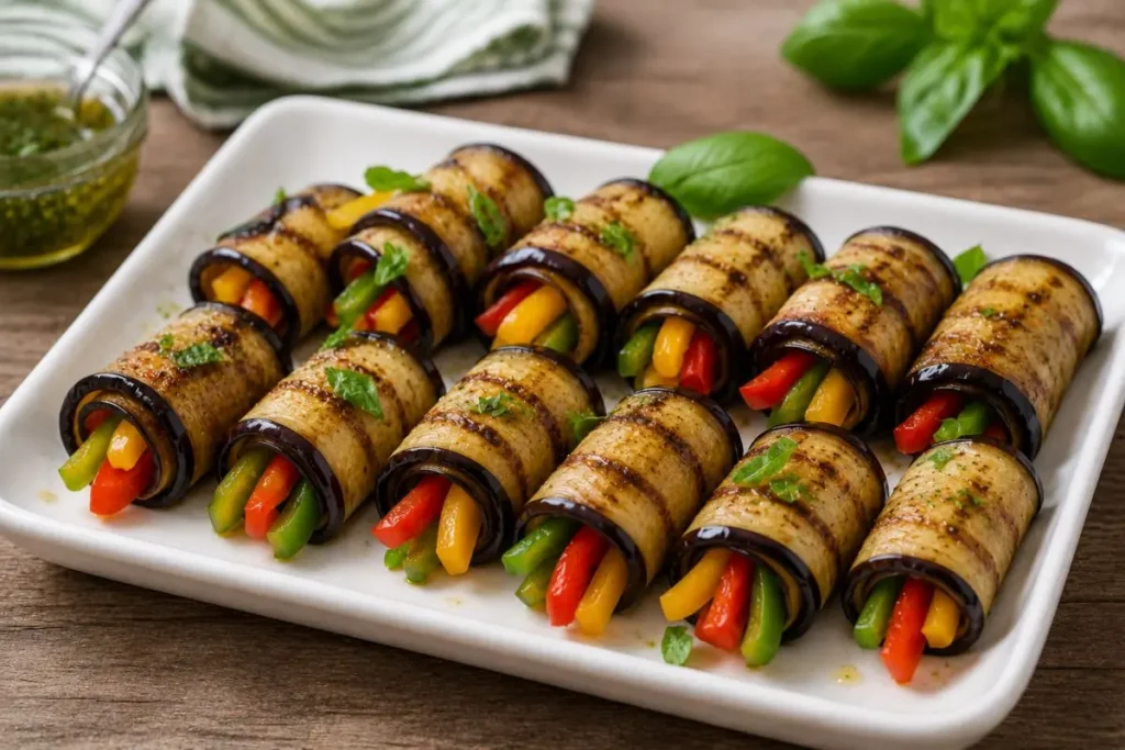 Piatto di involtini di melanzane grigliate ripieni di peperoni colorati, serviti su un vassoio bianco con basilico fresco.