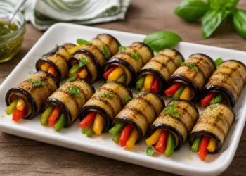 Piatto di involtini di melanzane grigliate ripieni di peperoni colorati, serviti su un vassoio bianco con basilico fresco.