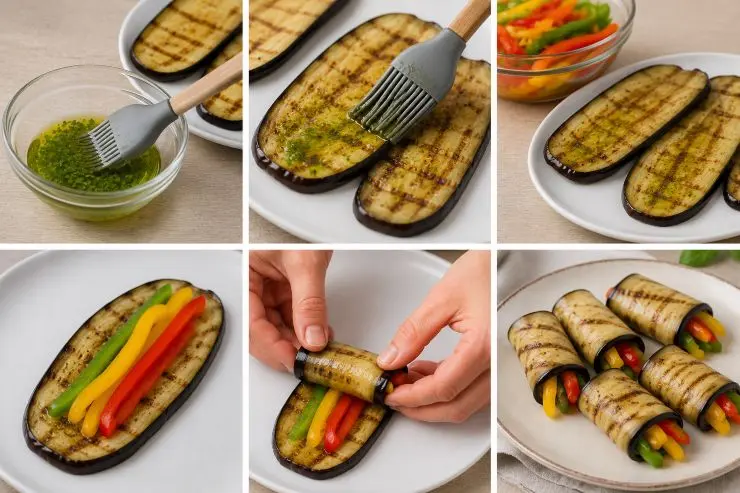 Con l’aiuto di un pennello, preferibilmente in silicone, ungete le melanzane con l’olio aromatizzato al basilico precedentemente preparato. Prendete tre-quattro listarelle di peperoni, mettetele al centro di ciascuna fetta di melanzana e arrotolatele.