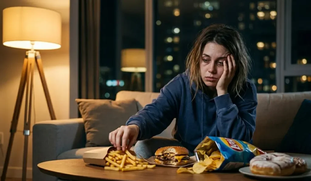 Donna esausta e assonnata sul divano che cerca di notte cibo spazzatura (junk food) a causa della mancanza di sonno.