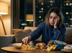 Donna esausta e assonnata sul divano che cerca di notte cibo spazzatura (junk food) a causa della mancanza di sonno.