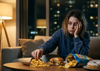 Donna esausta e assonnata sul divano che cerca di notte cibo spazzatura (junk food) a causa della mancanza di sonno.