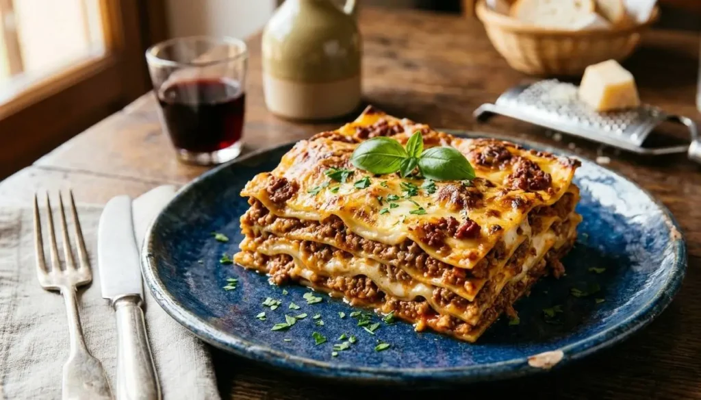 Lasagne alla Bolognese - Ricetta Classica Una porzione di lasagne alla bolognese classiche con ragù e besciamella, servita su un piatto blu su un tavolo di legno rustico.