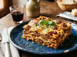 Una porzione di lasagne alla bolognese classiche con ragù e besciamella, servita su un piatto blu su un tavolo di legno rustico.