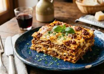 Una porzione di lasagne alla bolognese classiche con ragù e besciamella, servita su un piatto blu su un tavolo di legno rustico.