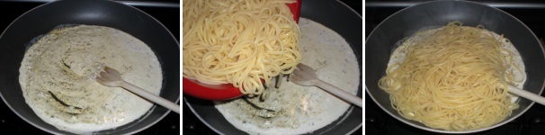 Miscelate finchè i pistacchi si saranno ben amalgamati alla panna e poi spegnete il fuoco. Quando le linguine sono cotte al dente, scolatele e versatele nella padella con la panna.