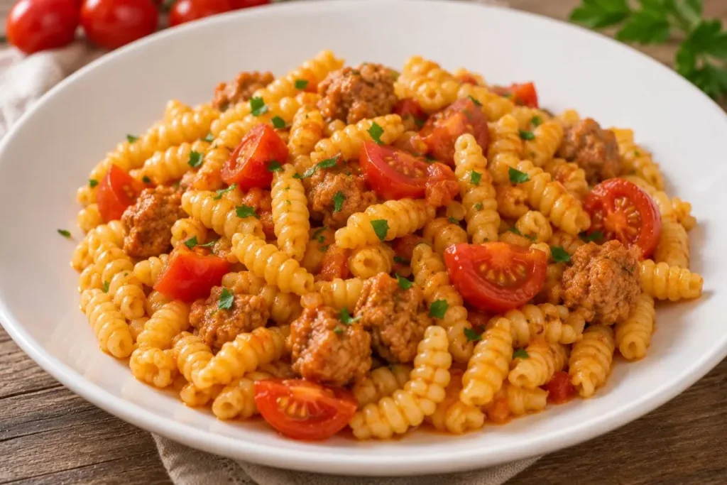 Malloreddus con salsiccia e pomodorini pronti da servire Piatto di malloreddus con sugo di salsiccia e pomodorini freschi servito in una ciotola bianca.