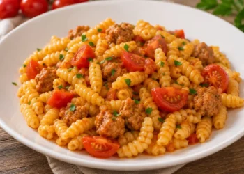 Piatto di malloreddus con sugo di salsiccia e pomodorini freschi servito in una ciotola bianca.