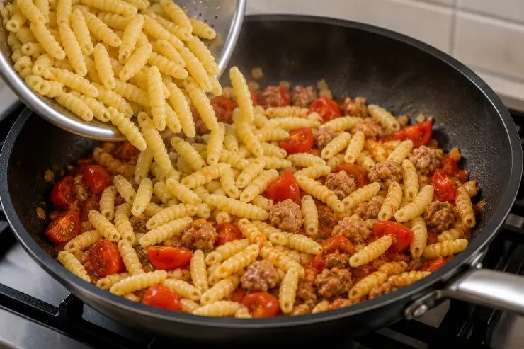 Versate i malloreddus all’interno della padella in cui è stato preparato il sugo, fateli saltare a fuoco vivo per un minuto circa, trasferiteli nei piatti da portata e serviteli ben caldi accompagnati da pecorino sardo grattugiato.