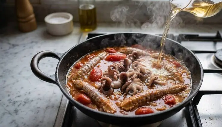 Unite la polpa di pomodoro, spolverizzate con il sale e aggiungete il prezzemolo tritato. Mescolate e fate cuocere per 10 minuti a fiamma medio bassa. Infine, disponete le canocchie ben lavate nella casseruola ed immergetele nel sugo. Coprite la pentola con il coperchio, fate cuocere per altri 15 minuti e poi spegnete il fuoco.