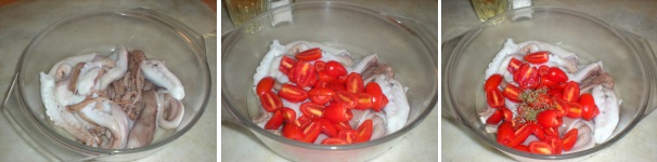 Mettete i moscardini porzionati in una pentola di vetro. Unite i pomodorini tagliati a metà, il timo ed il rosmarino.