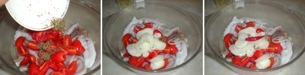 Aggiungete l’origano secco sbriciolato, la cipolla bianca affettata ed il peperoncino.