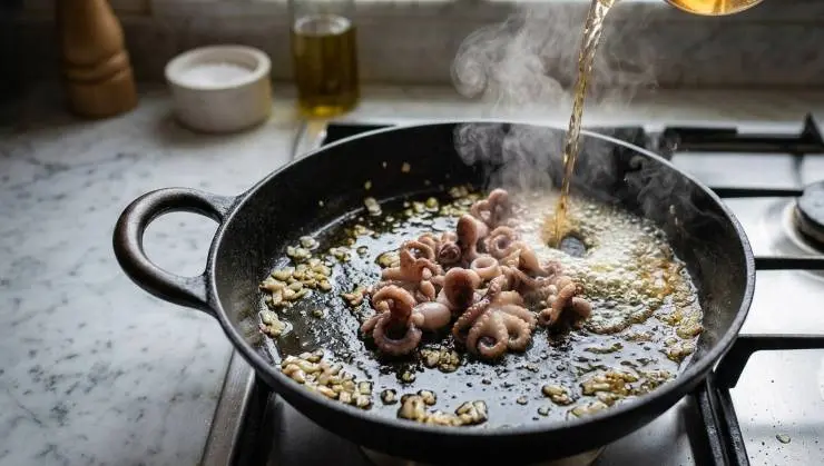 Fate rosolare lo scalogno per un paio di minuti e poi unite i moscardini a pezzi. Lasciateli cuocere per 5 minuti mescolando spesso. Bagnate con il vino bianco, alzate la fiamma e fate sfumare il vino per un paio di minuti continuando a mescolare.