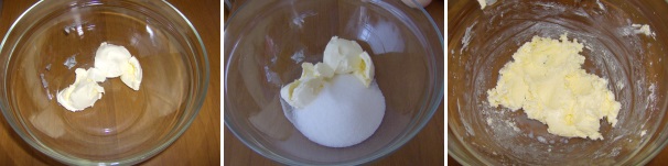 In una terrina mettete 70 grammi di margarina ammorbidita a cui aggiungerete lo zucchero; lavorate il tutto, anche utilizzando delle fruste elettriche, fino ad ottenere una crema liscia.