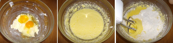 Aggiungete le uova e montatele fino ad ottenere una crema chiara, iniziate quindi ad unire il lievito e la farina setacciati.